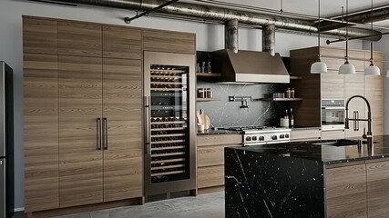 Modern Kitchen Design with Wine Fridge and Island Countertop.