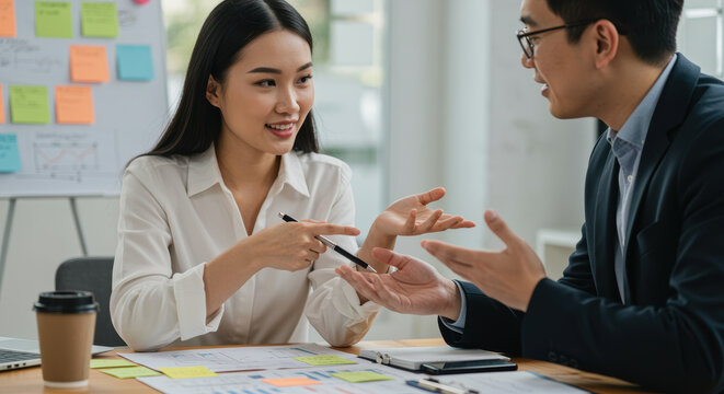 Professional asian colleagues discussing project strategy during a business meeting in a modern office with documents and charts