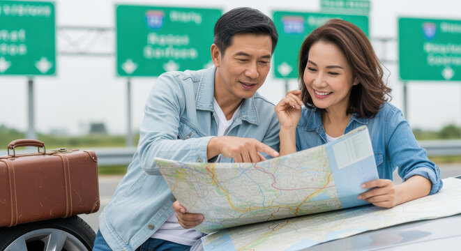 Smiling couple planning road trip with paper map, leaning on car beside luggage, highway signs visible in the background