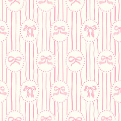 Seamless pattern with freehand ink doodle abstract bows in oval frames. Trendy cute embroidery stitch background. Hand drawn vector illustration. Boho, cottage core, needlework retro wallpaper.