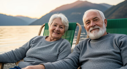 Smiling elderly couple relaxing in matching sweaters on lakeside chairs at sunset with tranquil mountains in the background