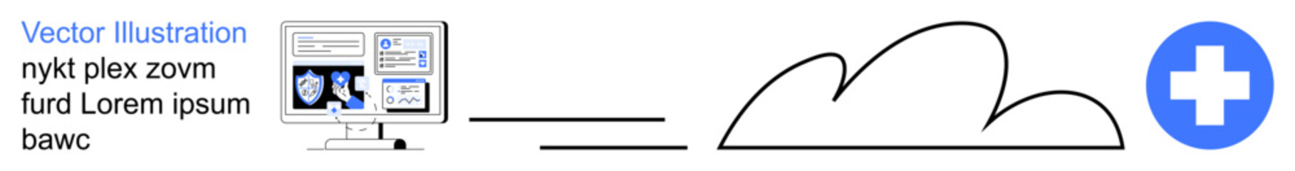 Cloud computing, online healthcare, digital storage solutions, medical data management, future technology, IT integration. Digital clouds and medical cross near a computer. Cloud computing and online
