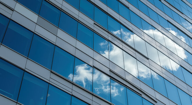 Modern glass office building facade reflecting clouds and blue sky in its symmetrical window panels, urban architecture details - Powered by Adobe