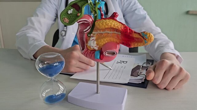 Treatment of gallbladder diseases and cholelithiasis. Doctor demonstrations gallbladder on anatomical medical model for analyzing and treatment gallbladder disease
