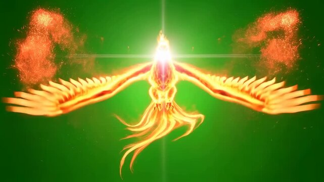 Phoenix fire bird spreading wings with fire particles on green screen for chromakey effect