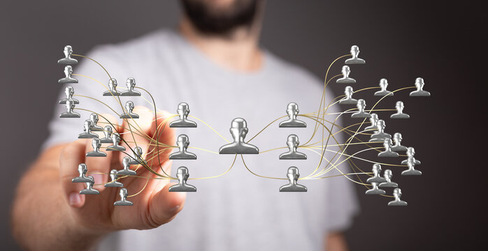 Abstract image of a person touching a digital network. Represents teamwork, communication, and connections in business and technology. - Powered by Adobe