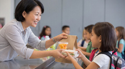 Smiling cafeteria worker handing healthy lunch to elementary school girl in line with classmates during school lunch hour