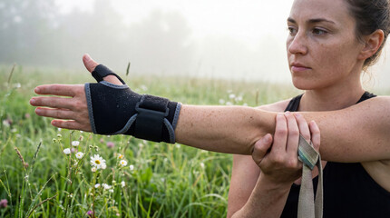 Focused woman stretching arm outdoors wearing wrist support brace in the morning field for injury prevention and recovery