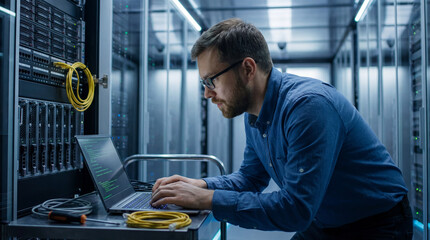 Focused it specialist managing cybersecurity tasks on laptop in modern data center server room with cables and advanced equipment