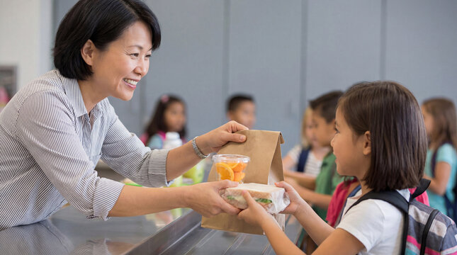 Smiling cafeteria worker handing healthy lunch to elementary school girl in line with classmates during school lunch hour