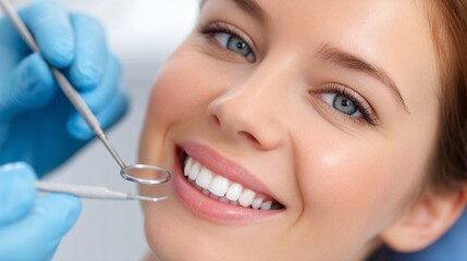 A woman relaxes in a dental chair, smiling confidently as a dentist uses tools for a thorough dental examination. The atmosphere is bright and welcoming