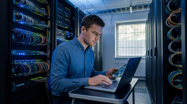 Focused technician analyzing computer hardware in modern server room surrounded by networking equipment and cables - Powered by Adobe