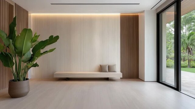 Minimalist living room with large potted plant bench modern interior calm natural light conveying