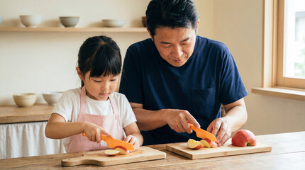 Father and daughter wearing aprons slicing apples together in a bright kitchen, focused on preparing a healthy snack