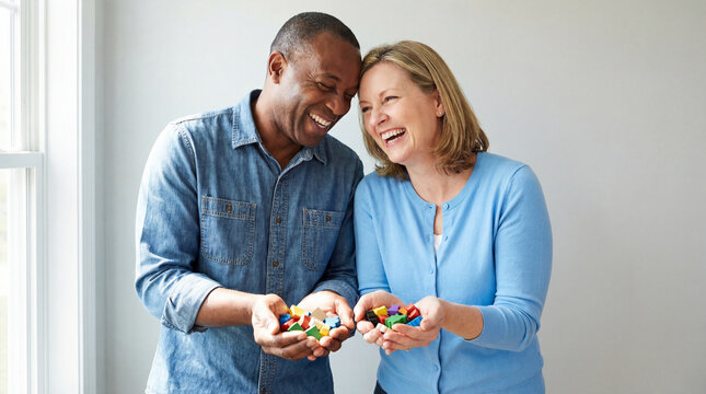 Happy mature couple laughing together while holding colorful building blocks indoors near a sunlit window