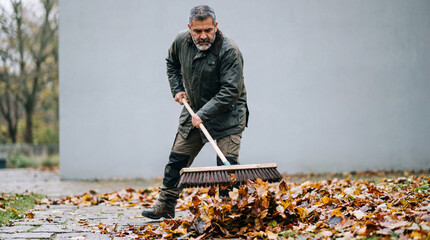Middle aged man sweeping autumn leaves on a paved outdoor area wearing casual jacket and boots on a cloudy day