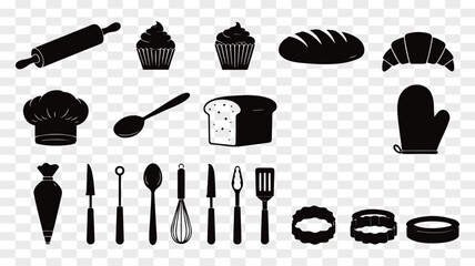 Assortment of Black and White Bakery and Kitchen Utensil Icons