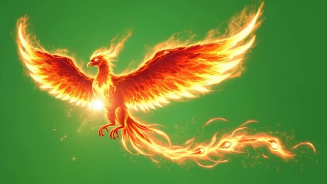 Fiery phoenix bird animation flying on green screen. Mythical creature power effect for video chromakey. Fantasy rebirth concept.
