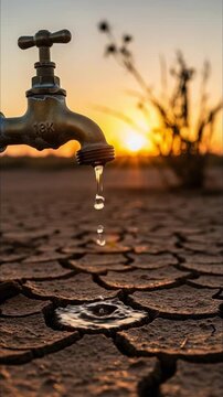 A dramatic close-up captures a single, precious drop of water slowly dripping from an antique-style brass faucet, landing in a small puddle on severely cracked, dry earth. The scene is bathed in the w