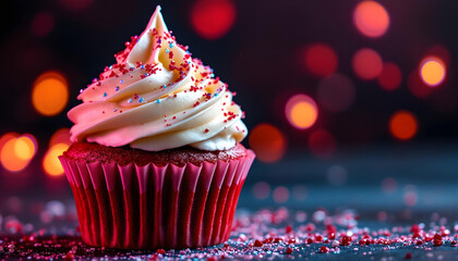 Close-up of red velvet cupcakes with cream cheese frosting decorated with edible glitter