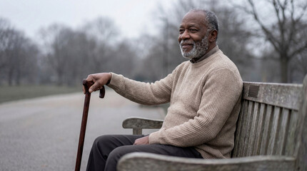 Elderly man sitting on a wooden bench in a quiet park, wearing a beige sweater and smiling while holding his walking cane