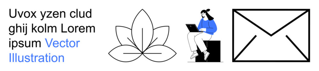 Wellness, work, communication, technology, tranquility, correspondence. A lotus flower, a female on a laptop and an envelope icon. Wellness and work theme with modern design elements