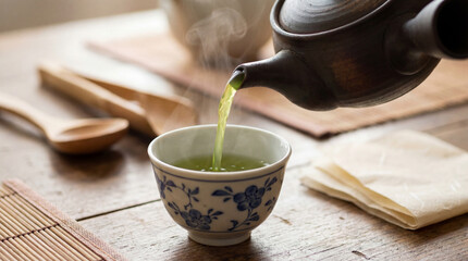 Steaming hot green tea being poured from a ceramic teapot into a floral cup on a rustic wooden table in a calming setting