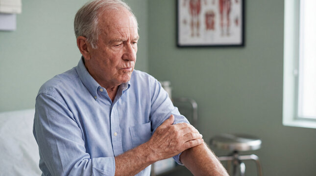 Senior man experiencing arm pain while sitting in medical clinic examination room during routine healthcare appointment