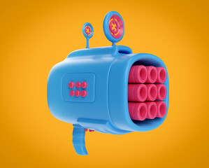 Cartoon futuristic alien space gun in bright colorful glossy style. Realistic 3d illustration for child toy or concept art for game.