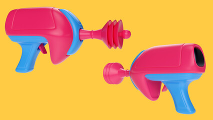 Cartoon futuristic alien space gun in bright colorful glossy style. Realistic 3d illustration for child toy or concept art for game.