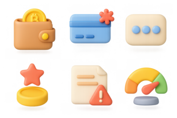 Vibrant cartoon finance icons set: wallet, card, credit score for digital design