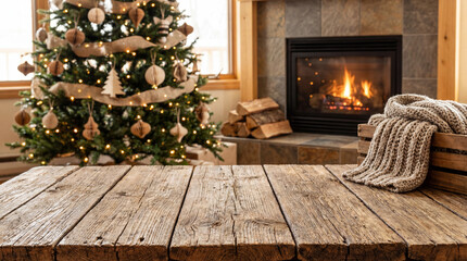 Fototapeta premium Rustic wooden table in cozy living room with christmas tree, festive decorations, and fireplace glowing on a winter morning