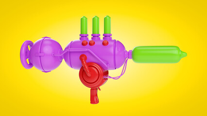 Cartoon futuristic alien space gun in bright colorful glossy style. Realistic 3d illustration for child toy or concept art for game.