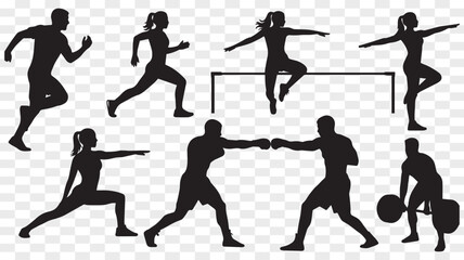 Athletic Training Silhouettes Engaging in Various Fitness Activities Vector Illustration