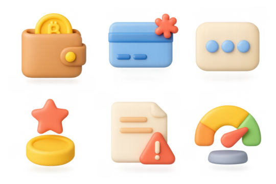 Vibrant cartoon finance icons set: wallet, card, credit score for digital design