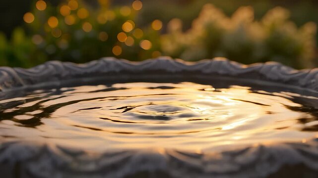 Water Droplet Falls Into Bird Bath Creating Ripples at Sunset