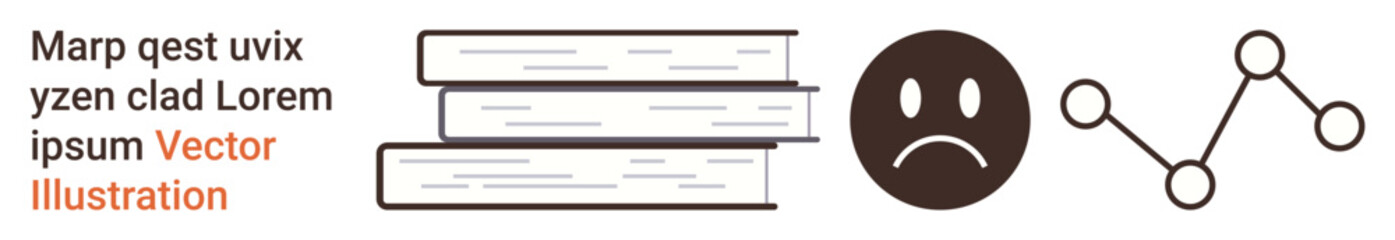 Education, emotional health, analytics, learning challenges, mental struggles, data. Stack of books, sad face connected graph. Education and emotional health by elements