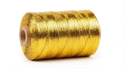 Shiny metallic gold thread spool isolated on white background for textile projects, embroidery, sewing, and creative crafts
