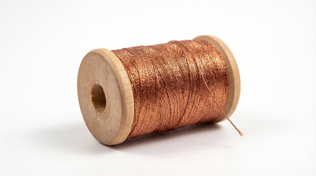 Wooden spool wound with shiny copper wire isolated on white background for crafting, repair, and diy electrical projects