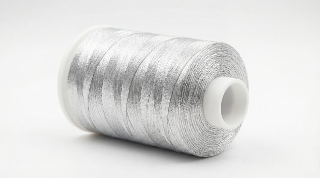 Shiny metallic silver thread spool isolated on white background for sewing, crafting, embroidery, and textile applications