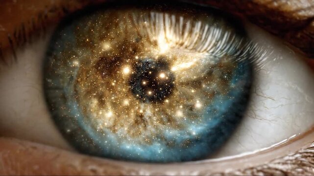 extreme close-up of a human eye transforming into a swirling galaxy full of stars representing concepts of cosmos, vision, spirituality, imagination, and the vastness of the universe