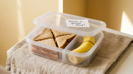 Homemade sandwich and banana in lunchbox with handwritten positive note on linen napkin in bright morning kitchen