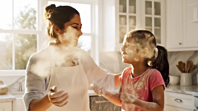 A mother and daughter share laughter and joy in the kitchen. Flour fills the air as they bake cookies, creating a fun and messy experience full of love and smiles.