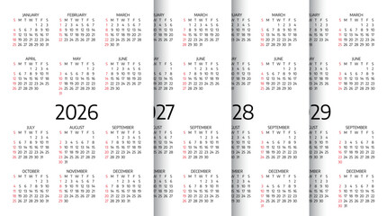 2026, 2027, 2028, 2029  calendars. Calender templates. Scheduler layout with 12 month. Yearly organizer. Simple planner in English. Week starts Sunday. Portrait orientation, A4. Vector illustration