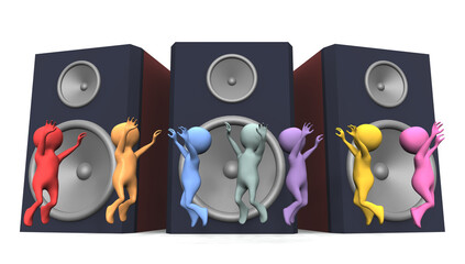 Hüpfende bunte 3D Figuren vor Lautsprecherboxen © Michael Rosskothen