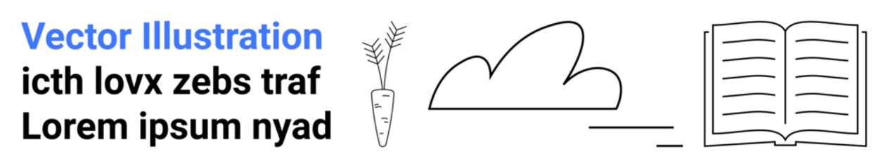 Education, creativity, nature, minimalism, graphic design, conceptual art. Black and white carrot, cloud and book with text. Education and creativity concepts