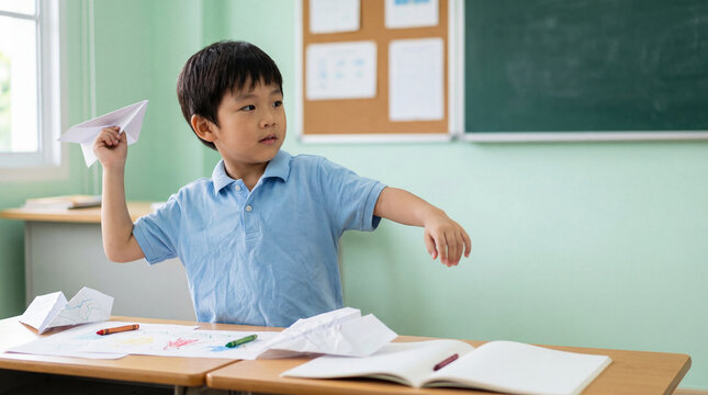 Curious young boy in blue shirt throwing paper airplane in classroom during creative free time at school desk with drawings