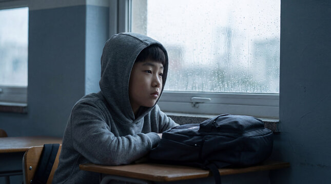 Pensive young student in gray hoodie sitting alone by classroom window on rainy day, gazing outside with thoughtful expression