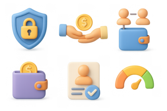 Cartoon icon set featuring finance and security elements for digital design projects