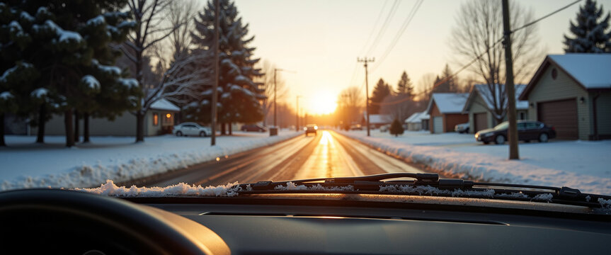 Winter sunset view from car window on snowy residential street - Powered by Adobe